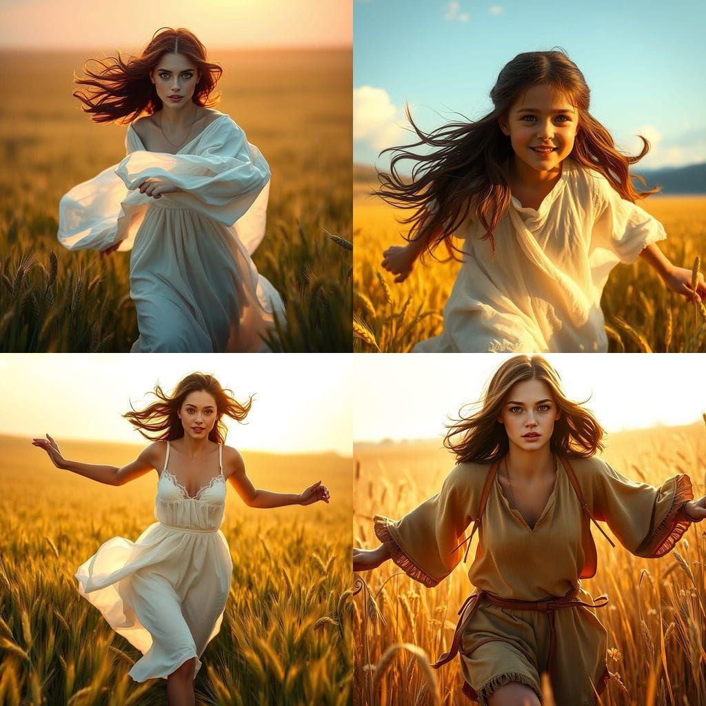 Ethereal Girl Runs Free in Vibrant Wheat Field