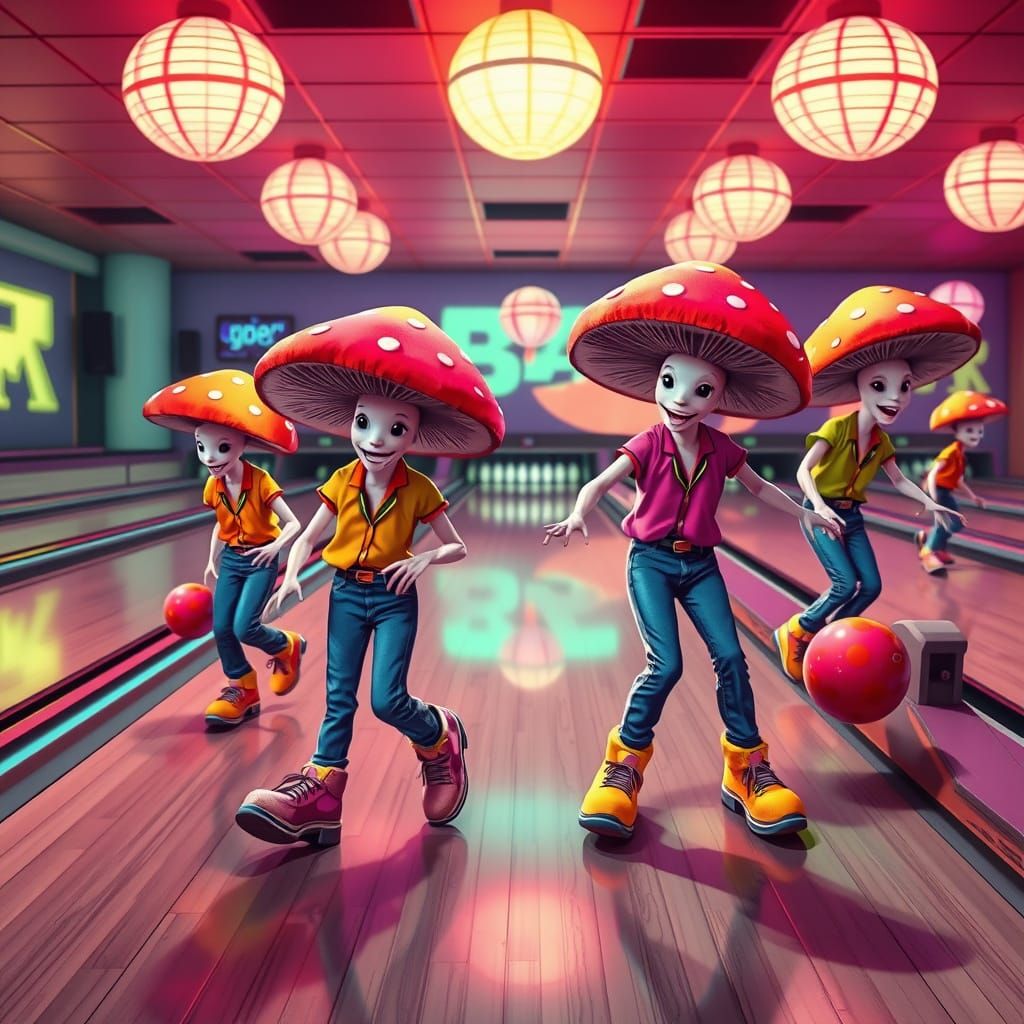 Vibrant Mushrooms Bowling in Retro Style
