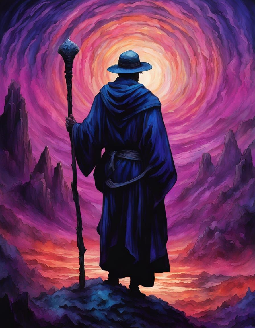 Mage in Ancient Landscape: Vibrant Dark Fantasy Oil Painting