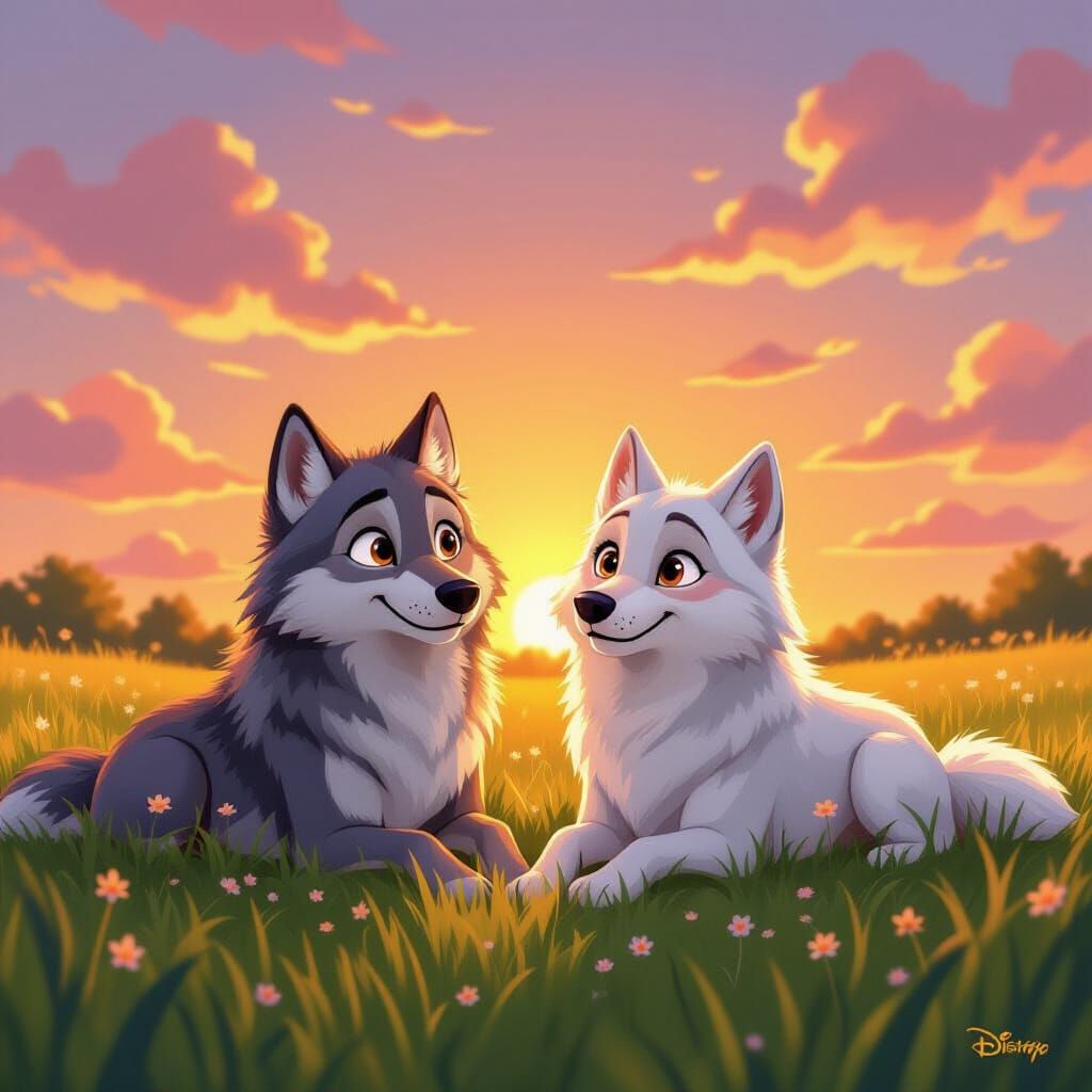 Hopeful Cartoon Wolves at Sunset