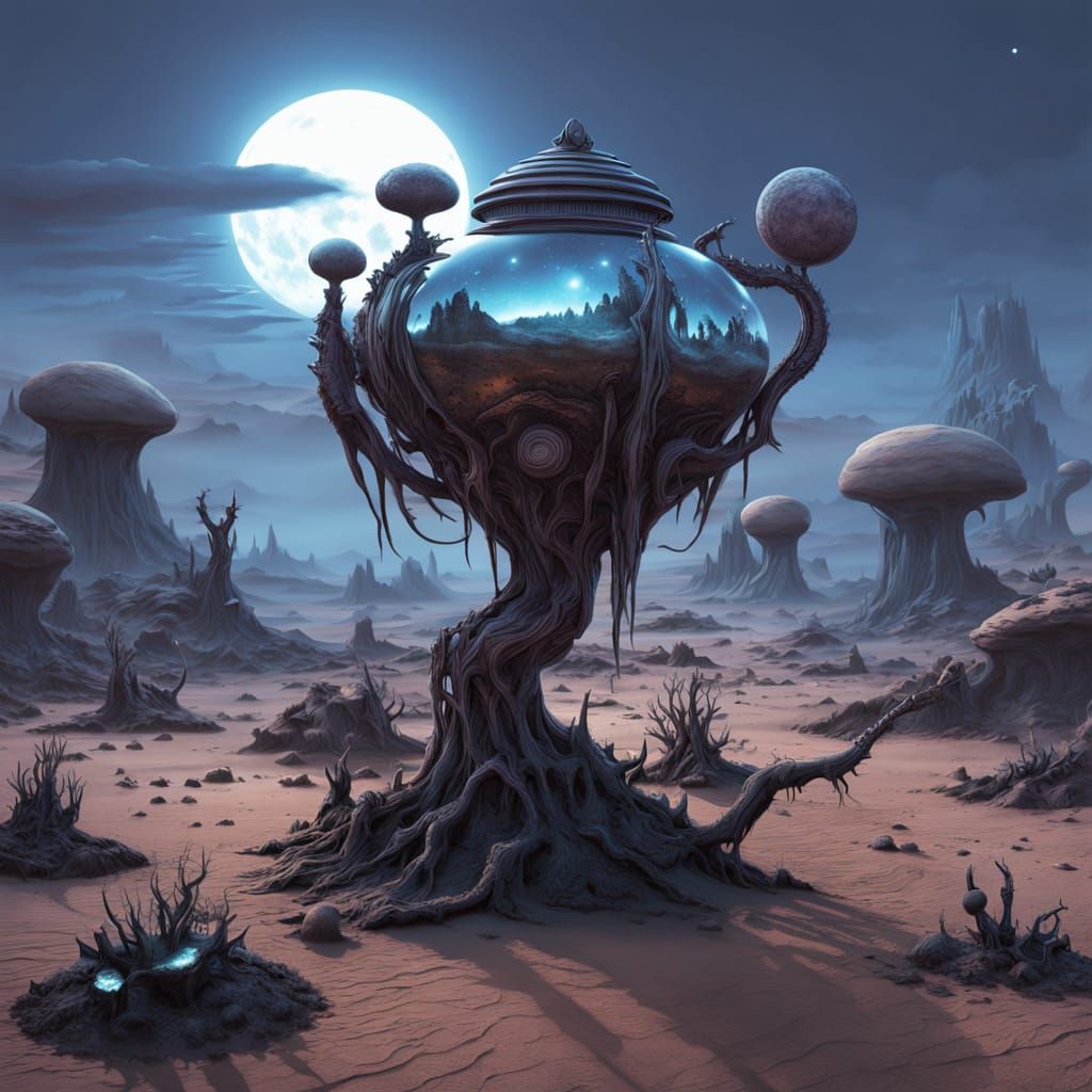 Sentient Clockwork Teapot Over Alien Desert