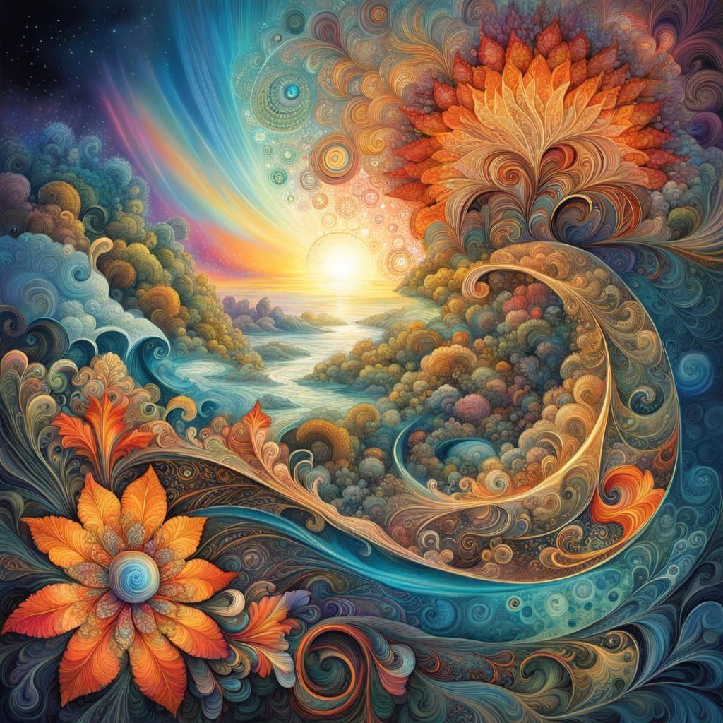 Vibrant Abstract Fractal Flower Line Art