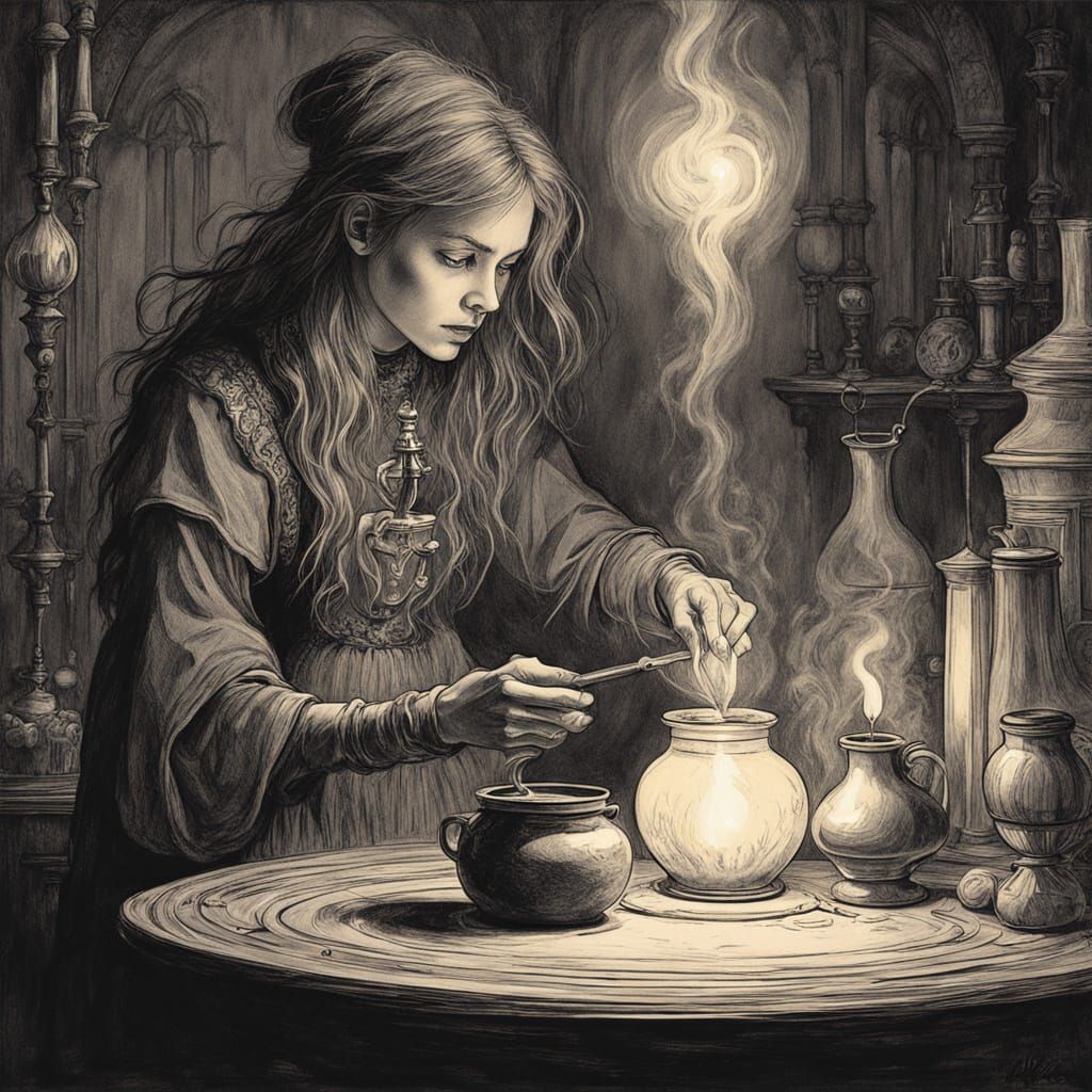 Pretty Witch Brewing Potion in Gothic Atmosphere