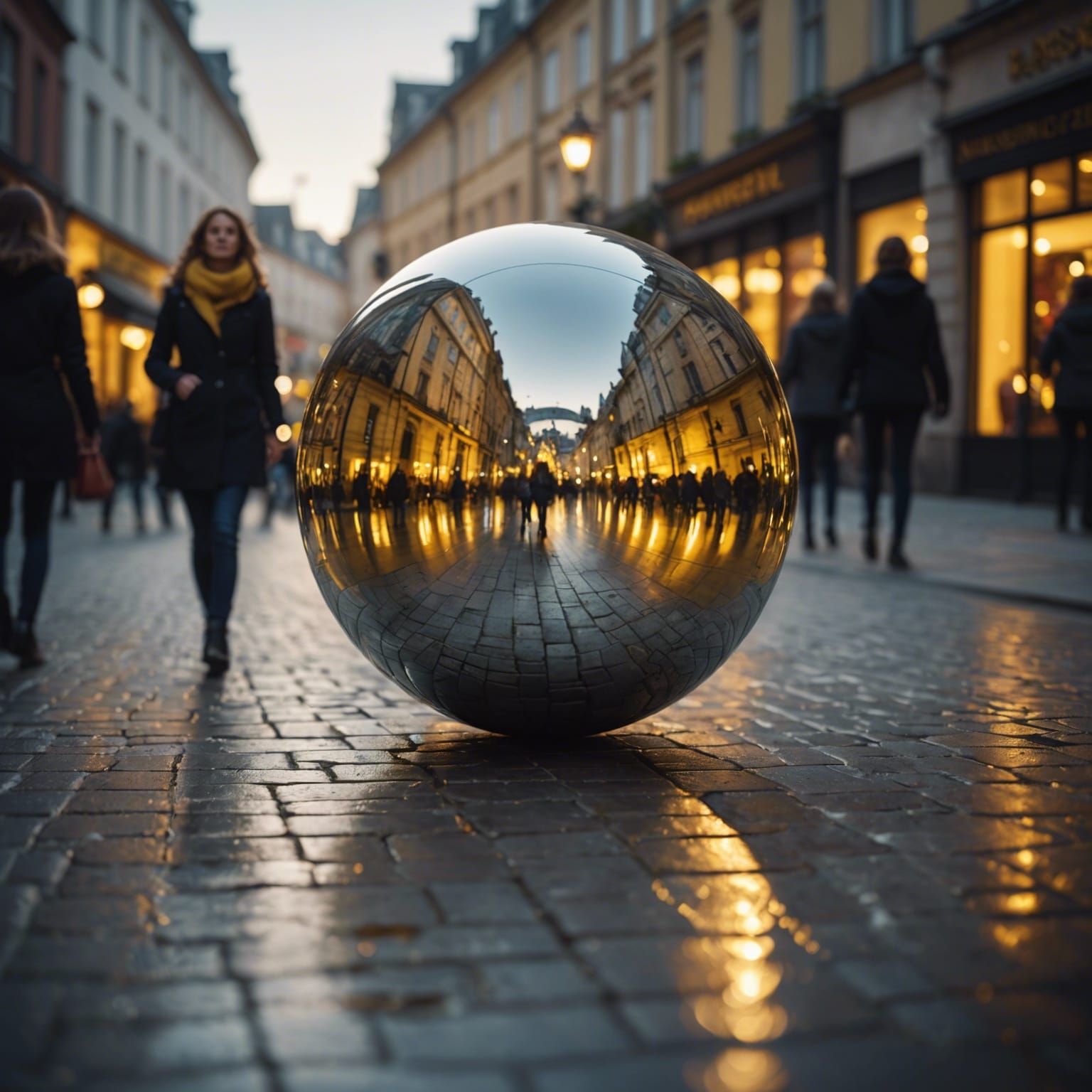 Reflective Sphere with Lights in Town Center