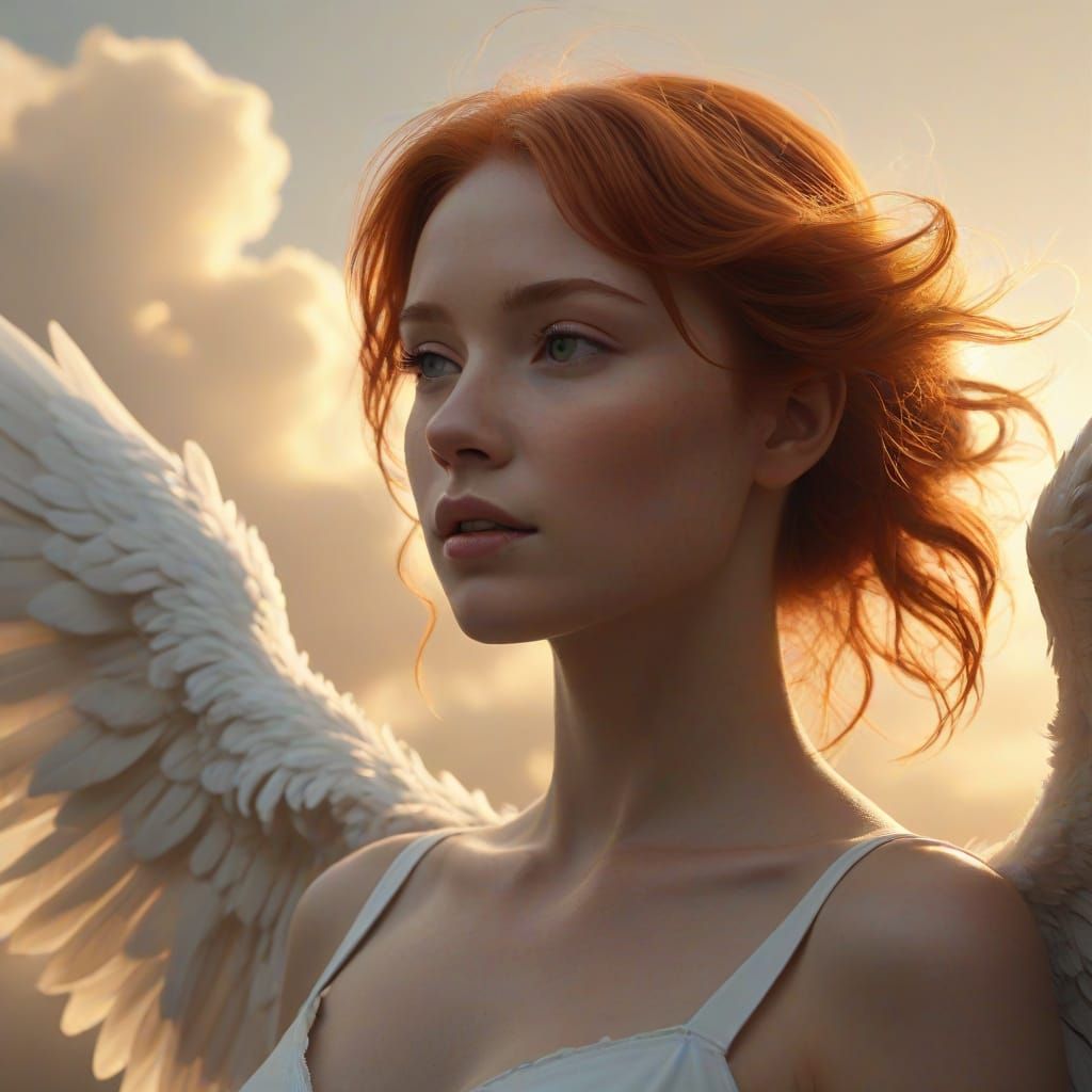 Redhead Angel on Cloud with Glowing Wings