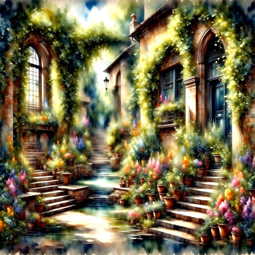 Romantic Hidden Garden in Florence: Watercolor Painting