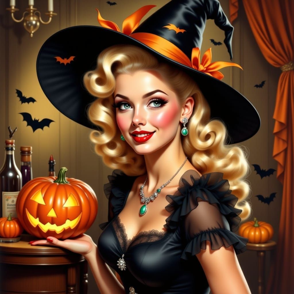 Vintage Pin-Up Witch Illustration with Pumpkin
