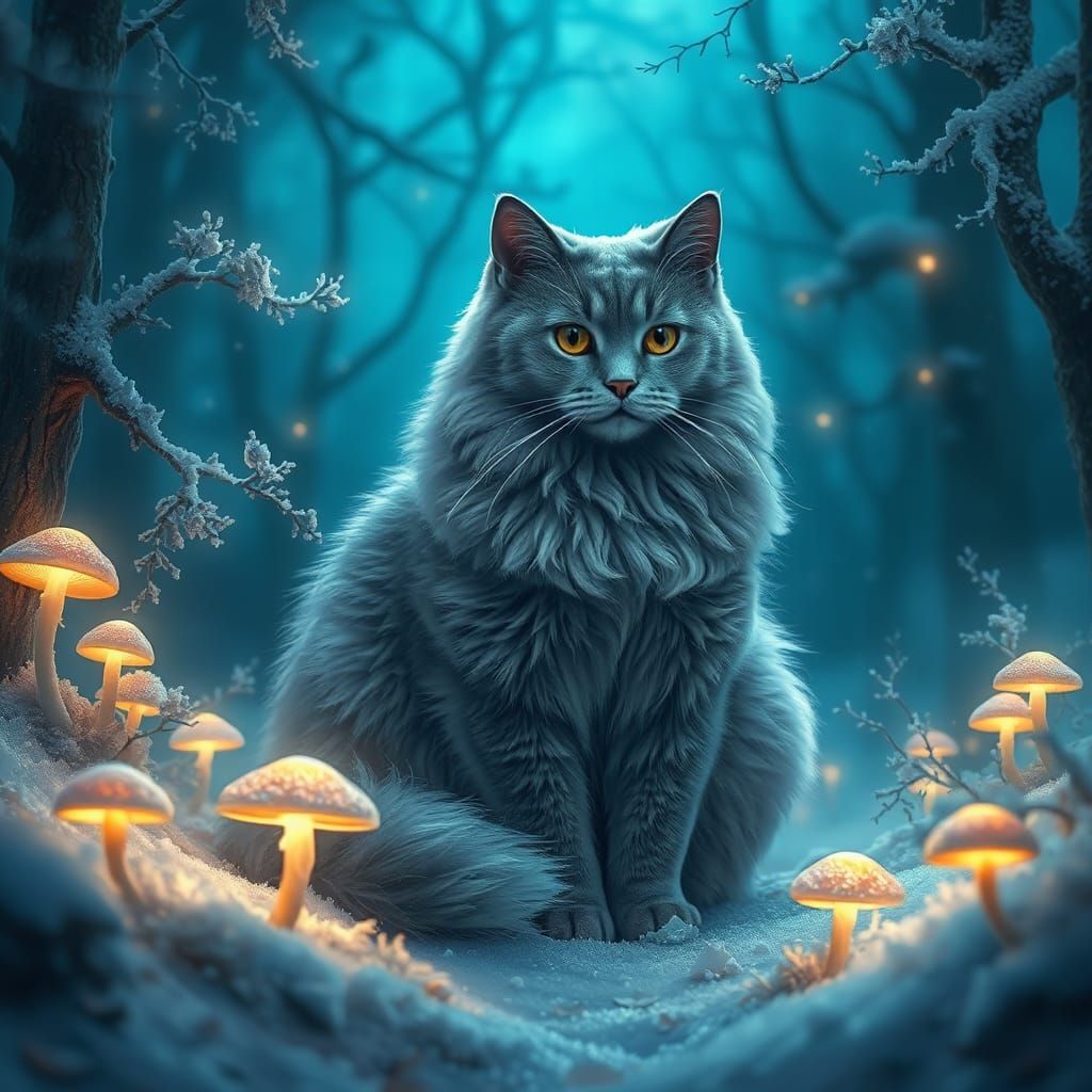 Mystical Siberian Cat in Enchanted Winter Forest