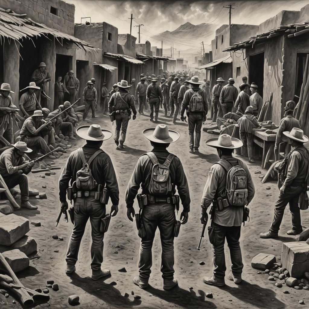 Hyperdetailed Charcoal Drawing of a Mexican Stand-Off