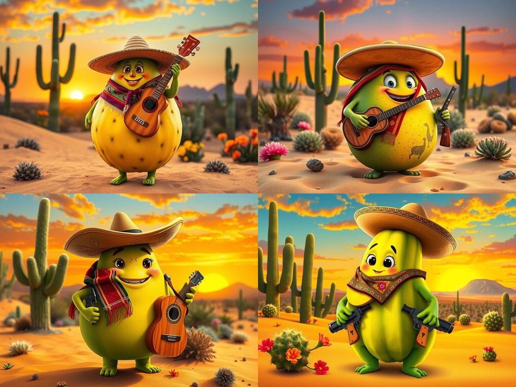 Whimsical Prickly Pear Character in Traditional Mexican Dese...