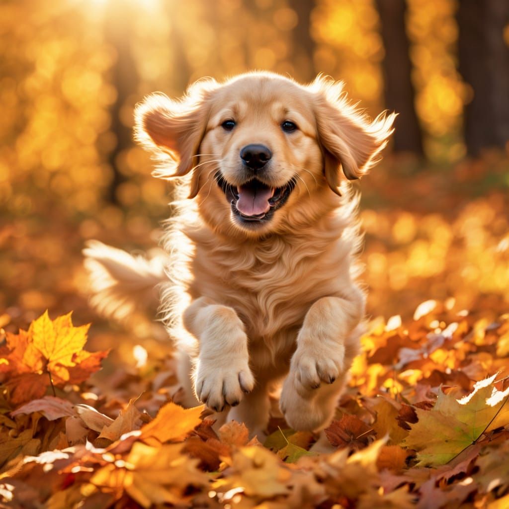 Golden Retriever Puppy Joyfully Leaps in Autumn Leaves