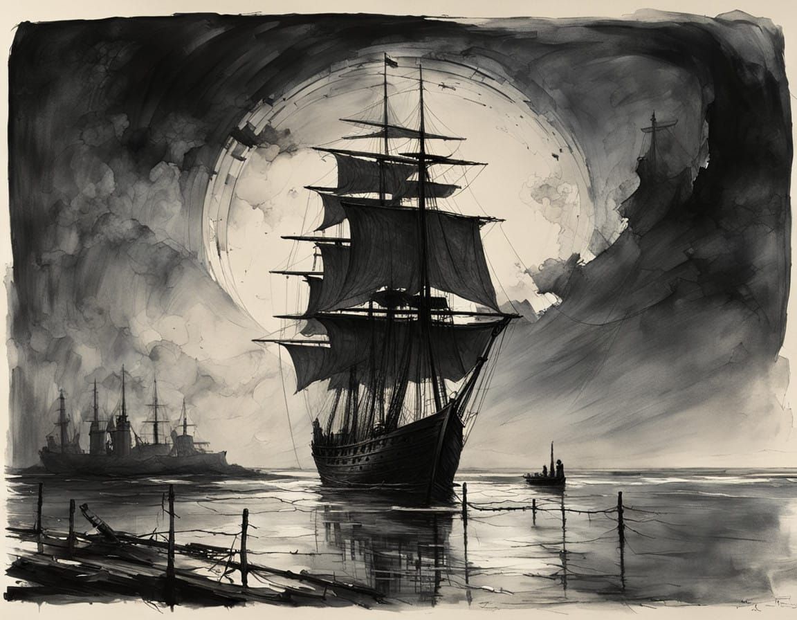 Surreal Ghost Ship in Dramatic Watercolor Inkwork