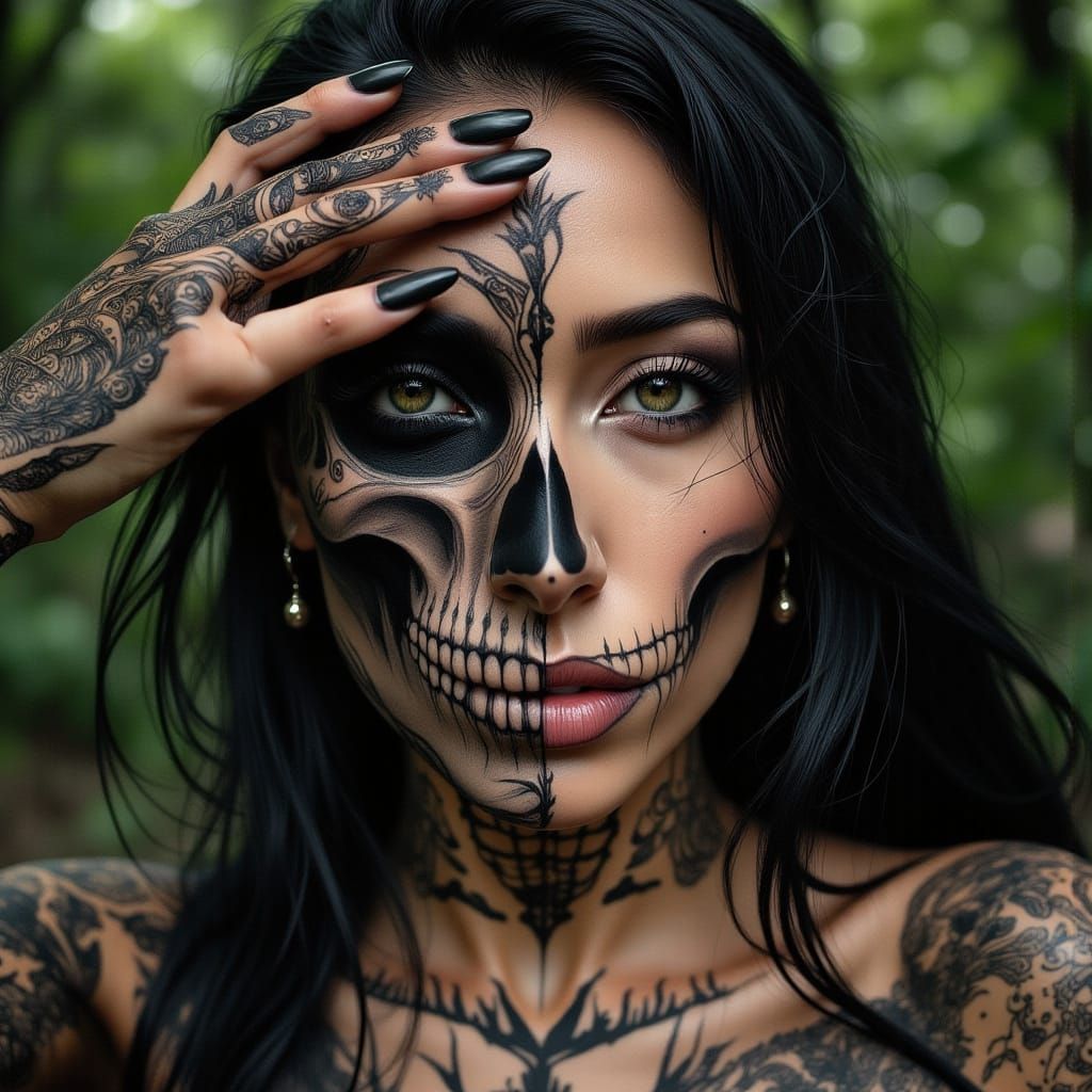 Woman with Skull Tattoo in Gothic Art Style