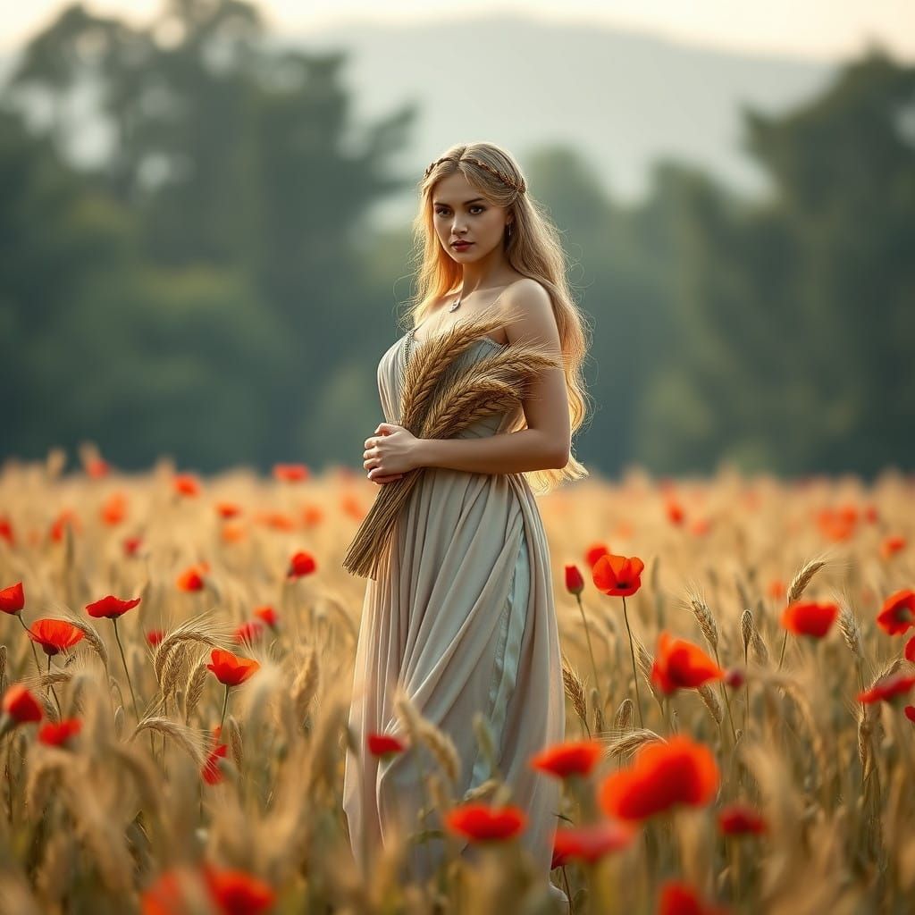Classical Goddess Demeter Adorned with Wheat and Poppies in....