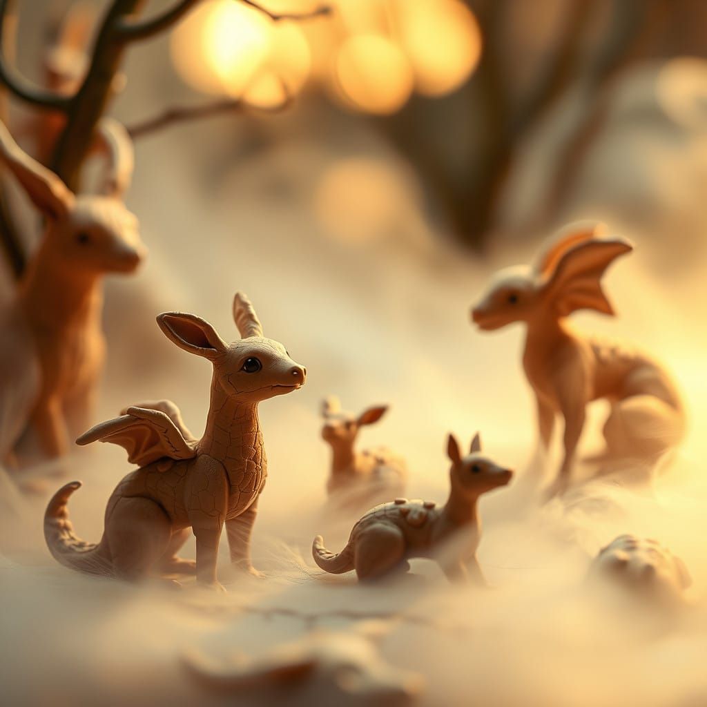 Dreamy Terracotta Creatures in Soft Golden Light