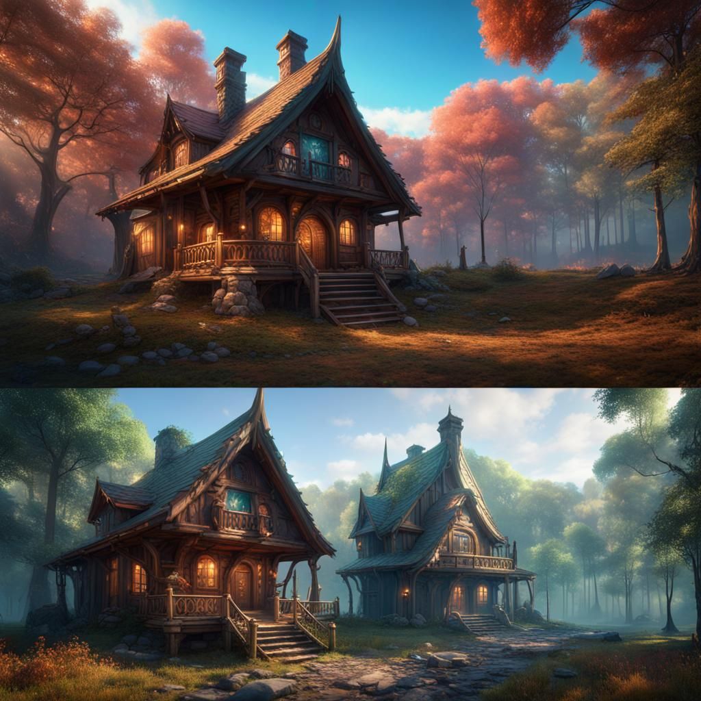 Fantasy Cabin in Woods, Detailed Matte Painting