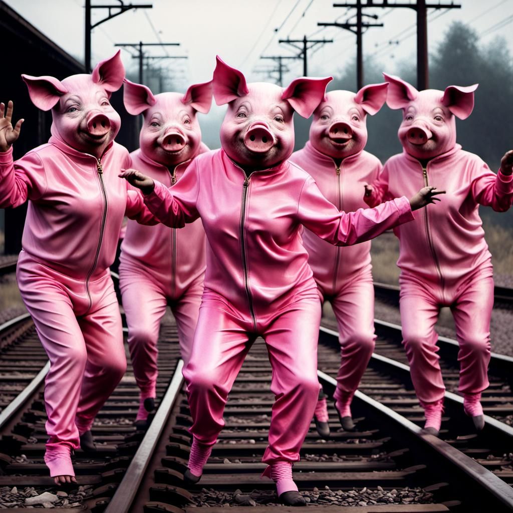 People in Pig Costumes Dancing on Railroad Tracks