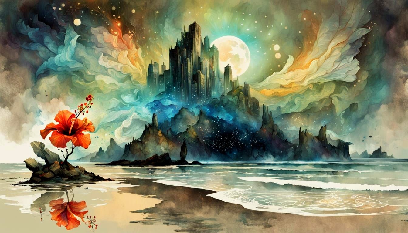 Fantasy Angel & Cosmic Flowers in Surreal Collage Art