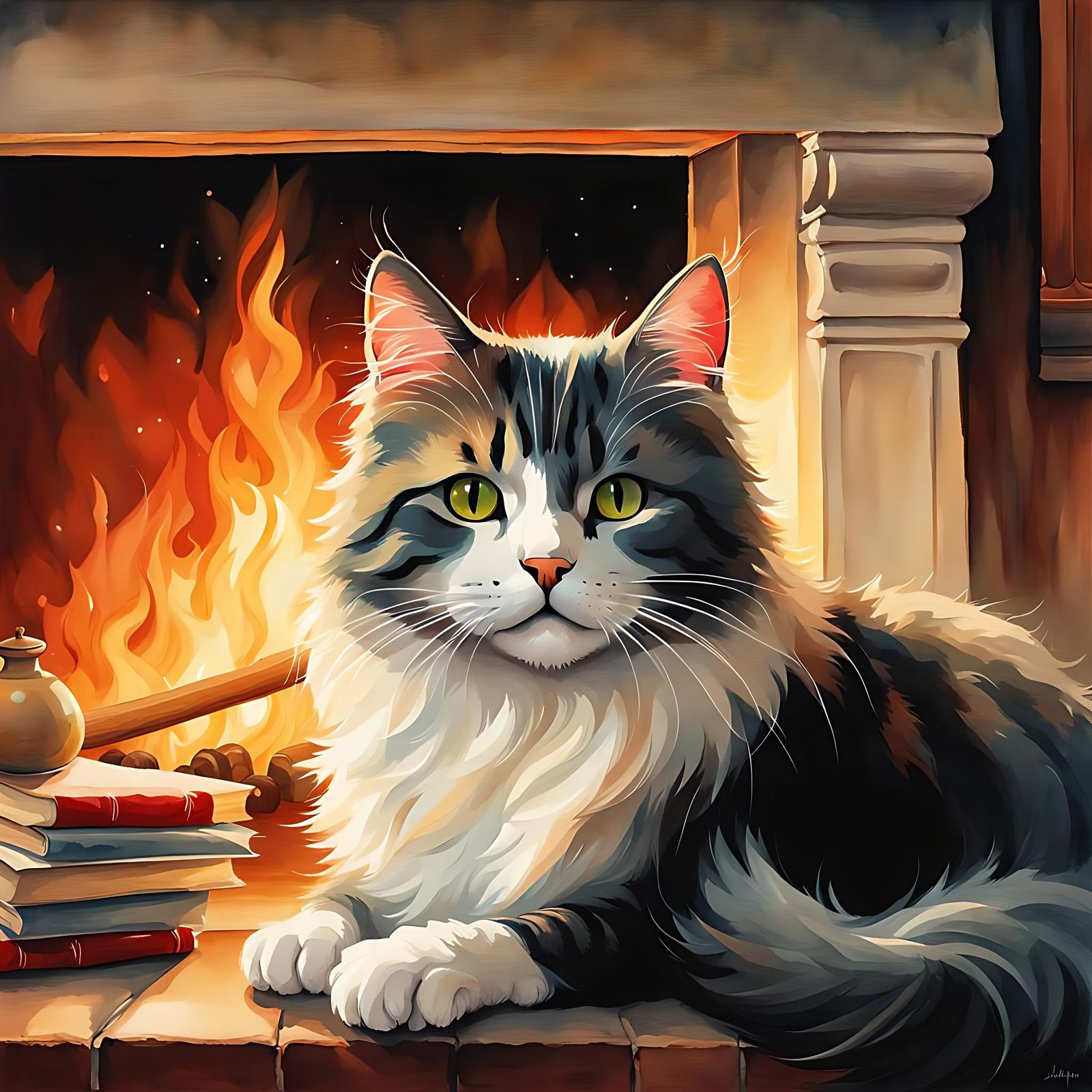 Adorable Fluffy Cat by Fireplace in Hyperrealistic Style