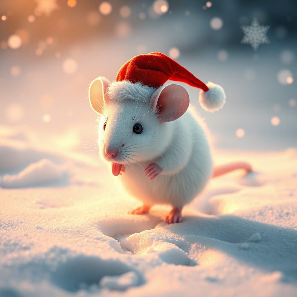 Majestic White Mouse in Santa Hat Walks on Snowy Winter Wond...