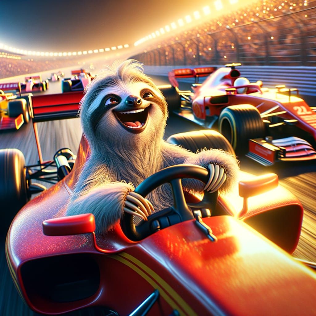 Sloth Racer in Formula One Race, Digital CG Painting