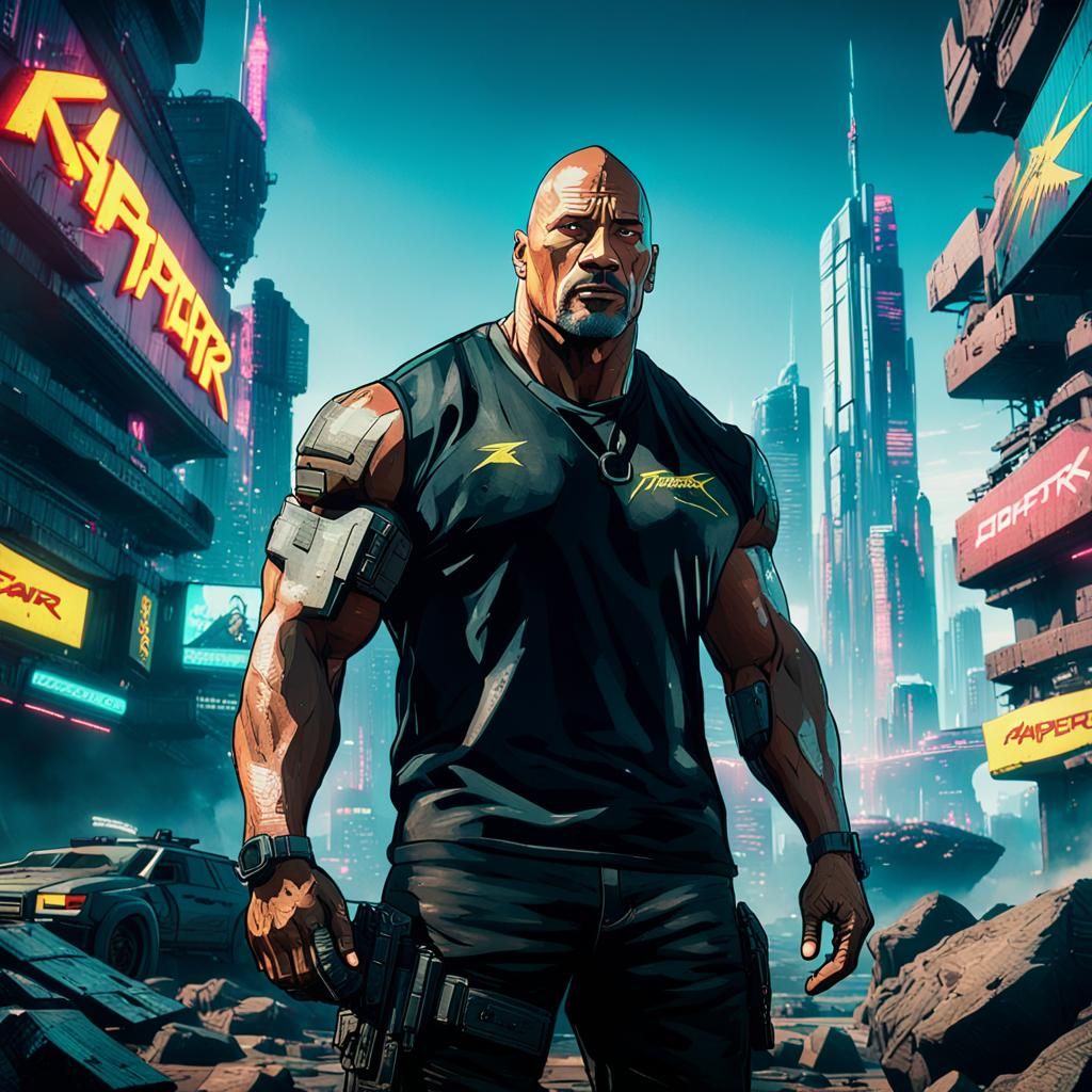 Cyberpunk Dwayne Johnson Portrait in Cinematic Film Style