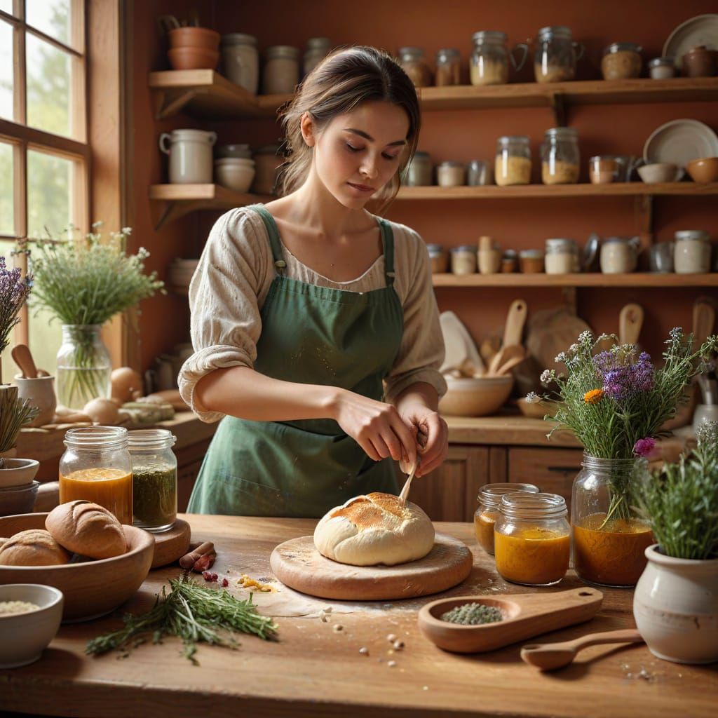 Tradwife Kneading Dough: Hyperrealistic Concept Art