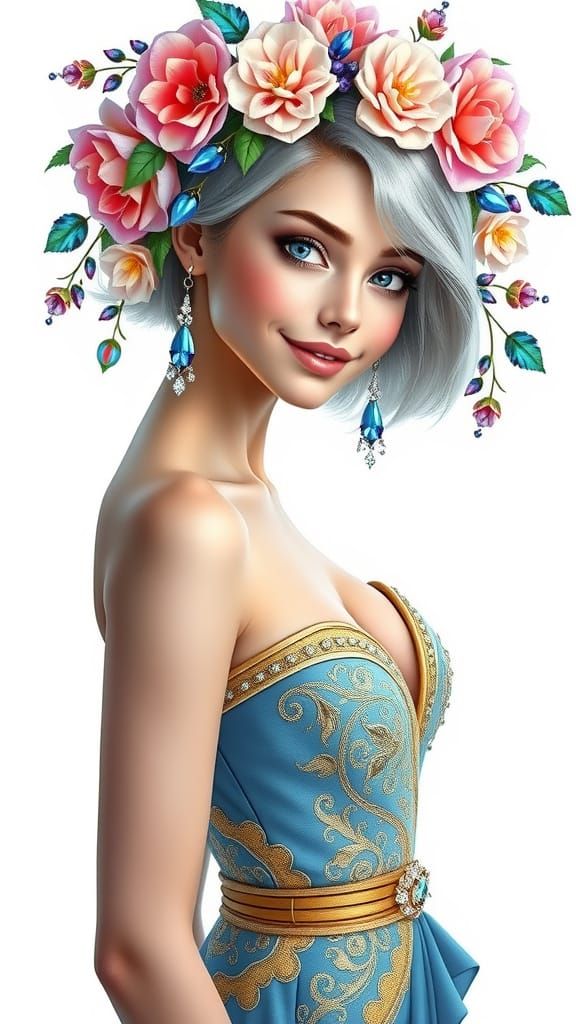 Full body, enchanting hyper realistic oil painting inked with delicate precision, highly detailed, of a young very beaut...