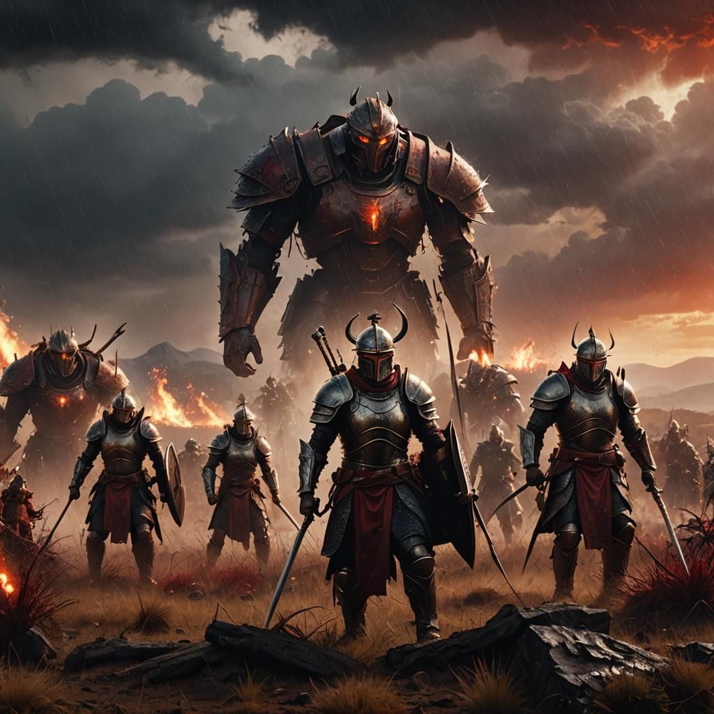 Epic Warriors in Battle-Scarred Field