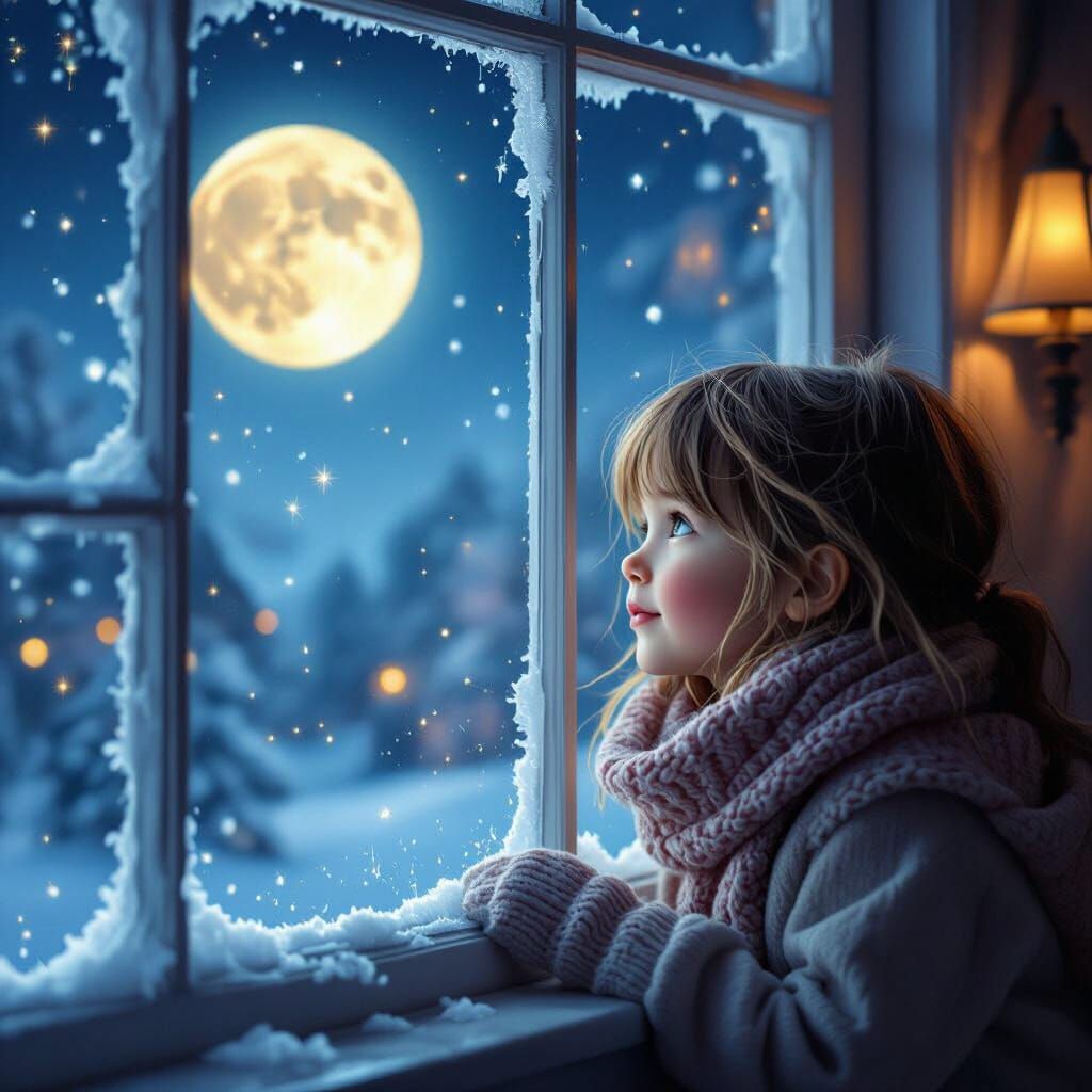Girl Gazes at Luminous Moon Through Frosty Window