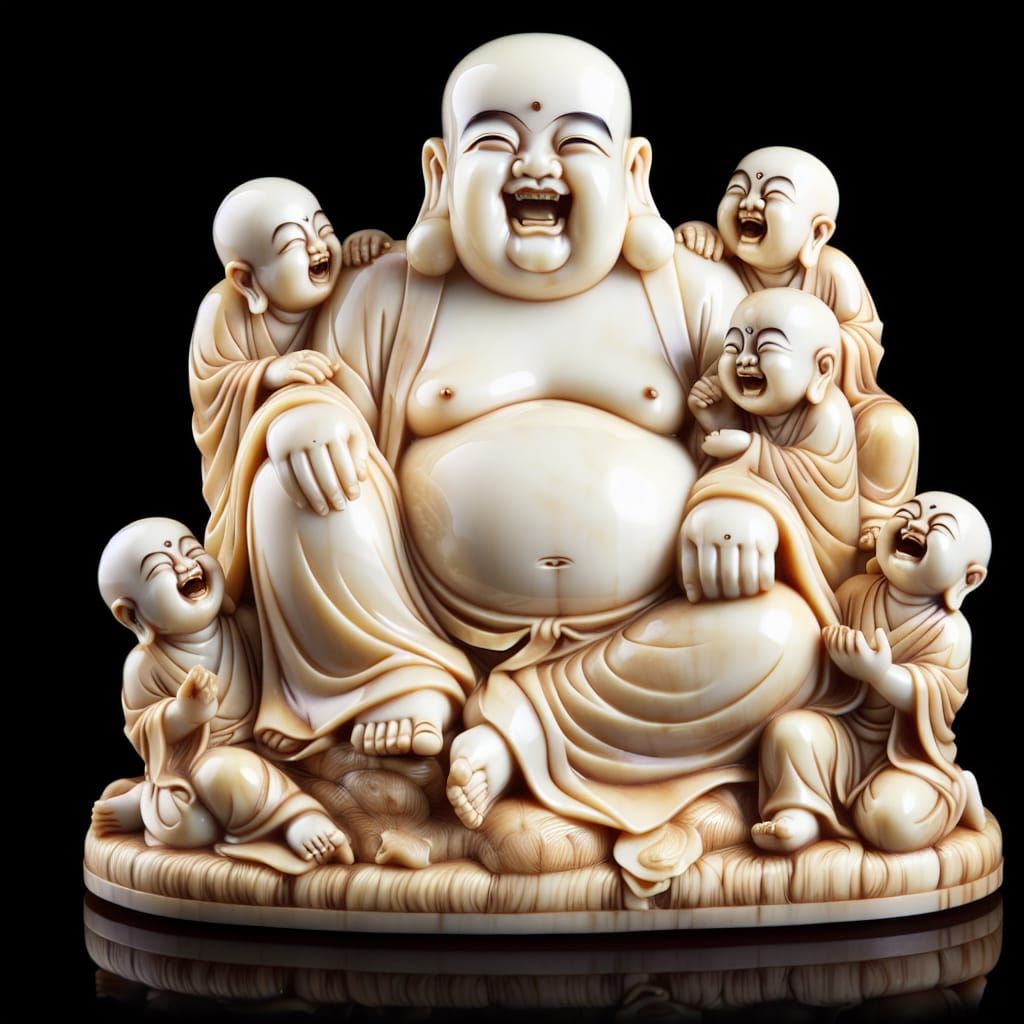 Ivory Sculpture: Laughing Buddha with Children