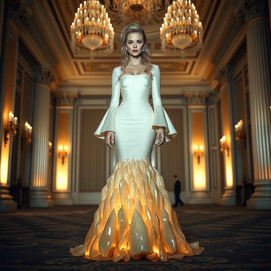 Ethereal Woman in Crystal Dress, Hyperrealistic Art