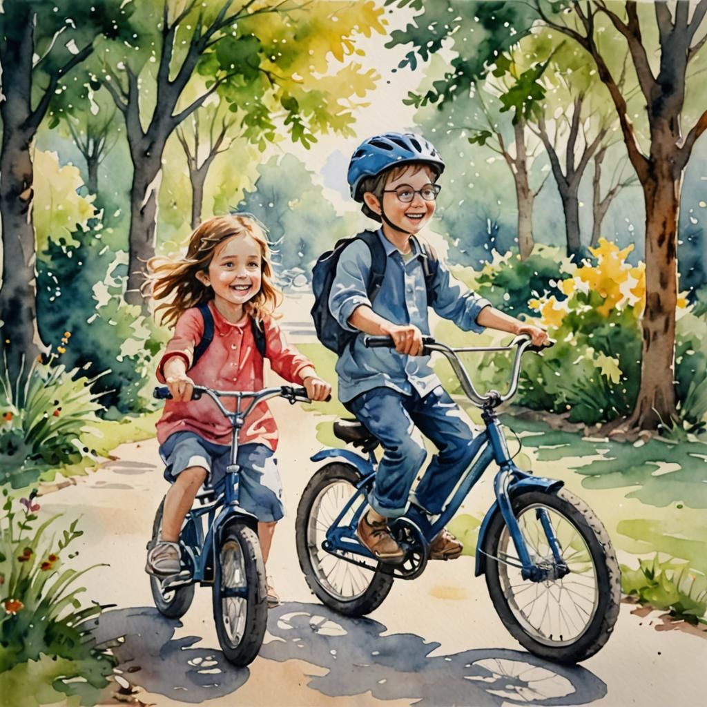 Brother Teaches Sister to Ride: Watercolor Painting
