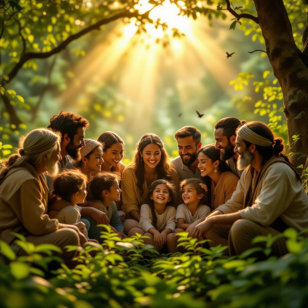 Diverse Villagers in Sunlit Forest, Cinematic Photo