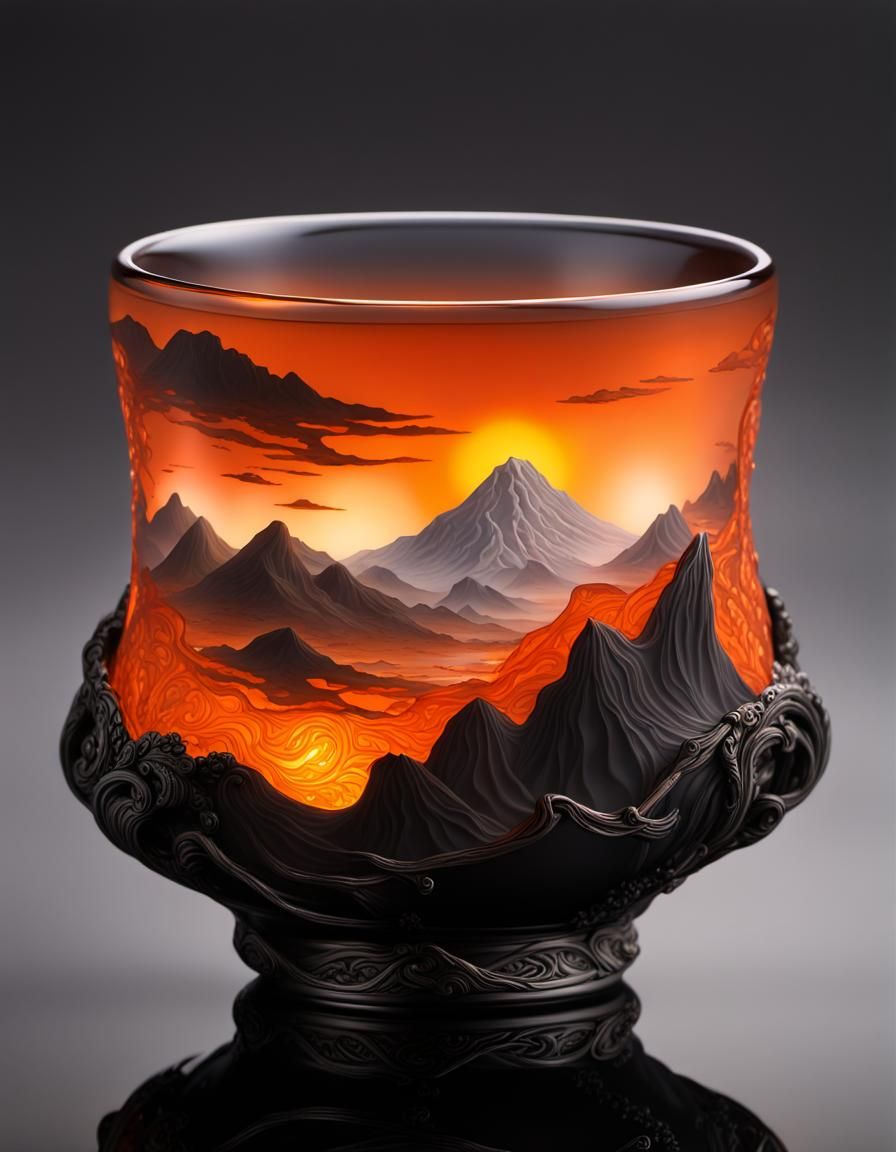 Teacup Contains Mountain Landscape with Fiery Sunrise