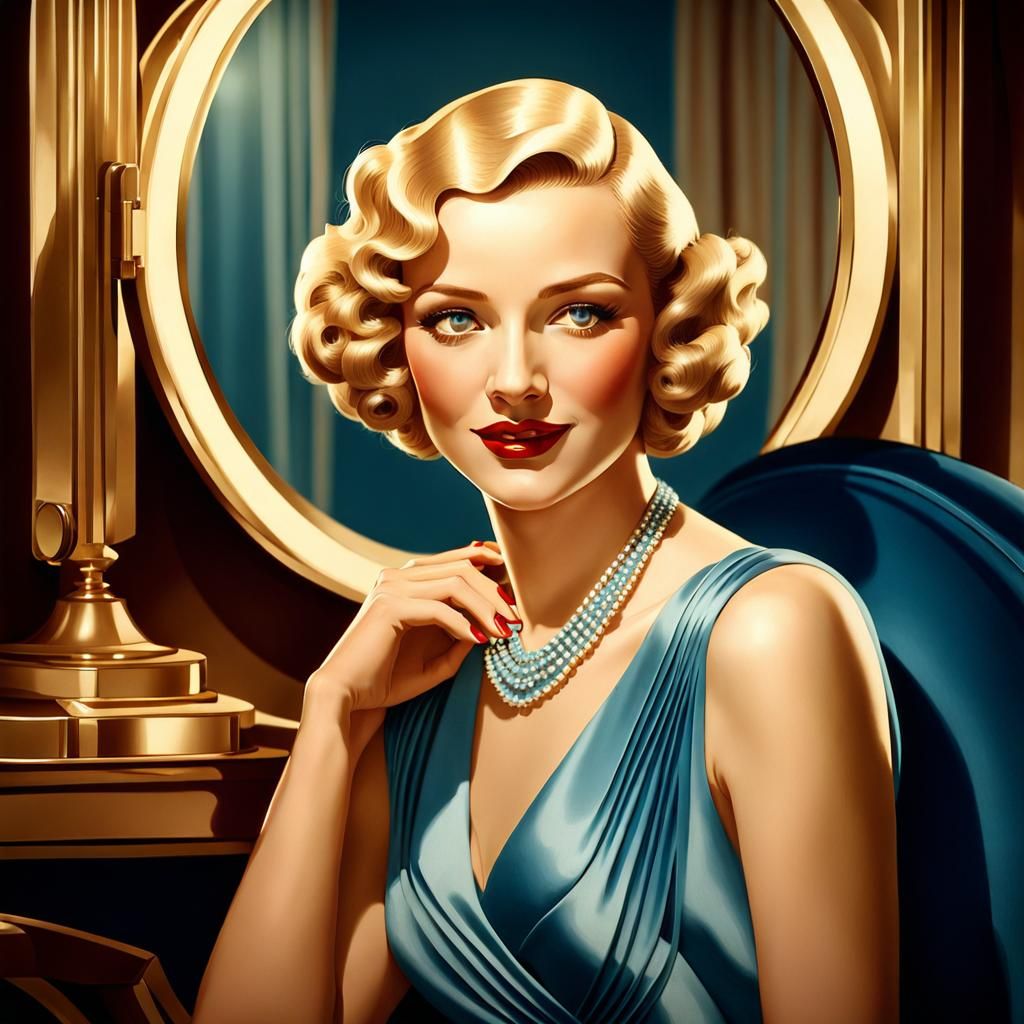 Art Deco Woman in Blue Dress Looks in Mirror