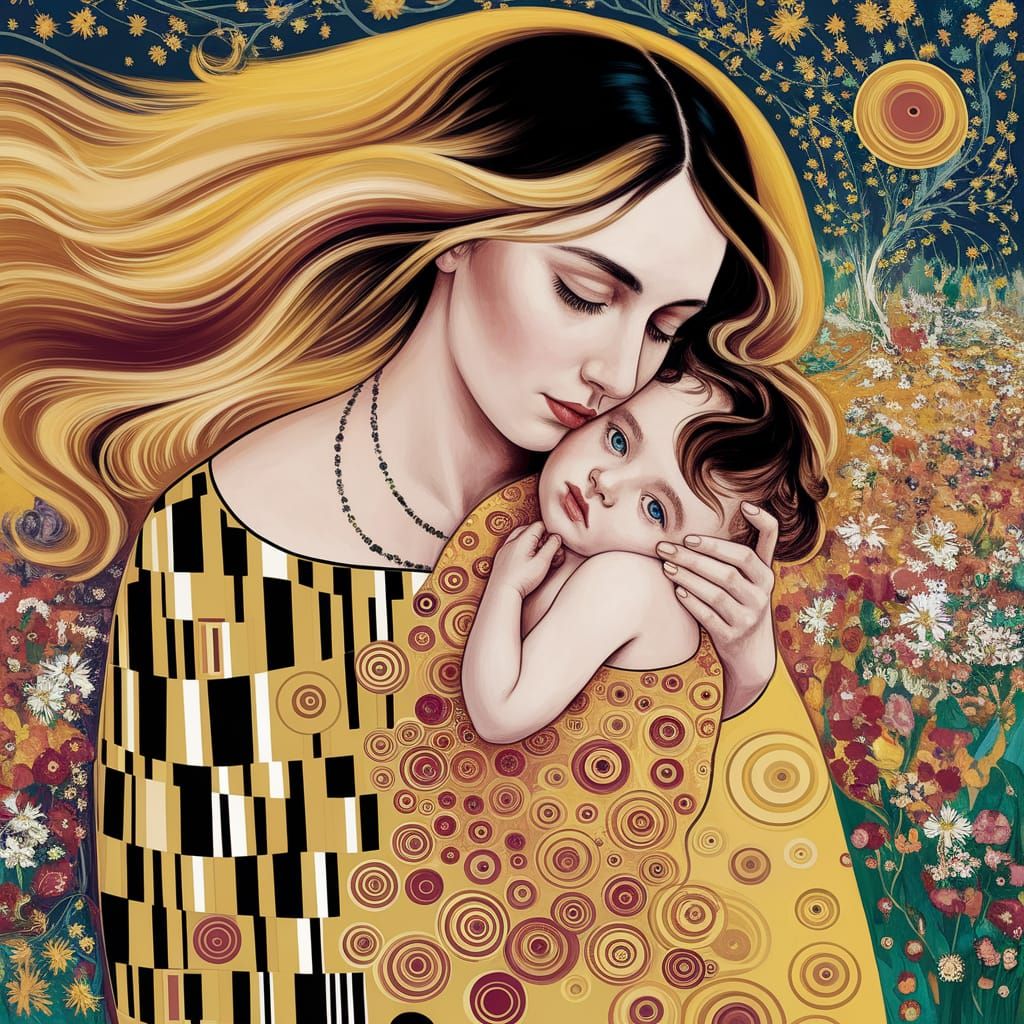 A digital painting in the style of Gustav Klimt, depicting a mother with flowing golden hair embracing her child amidst ...