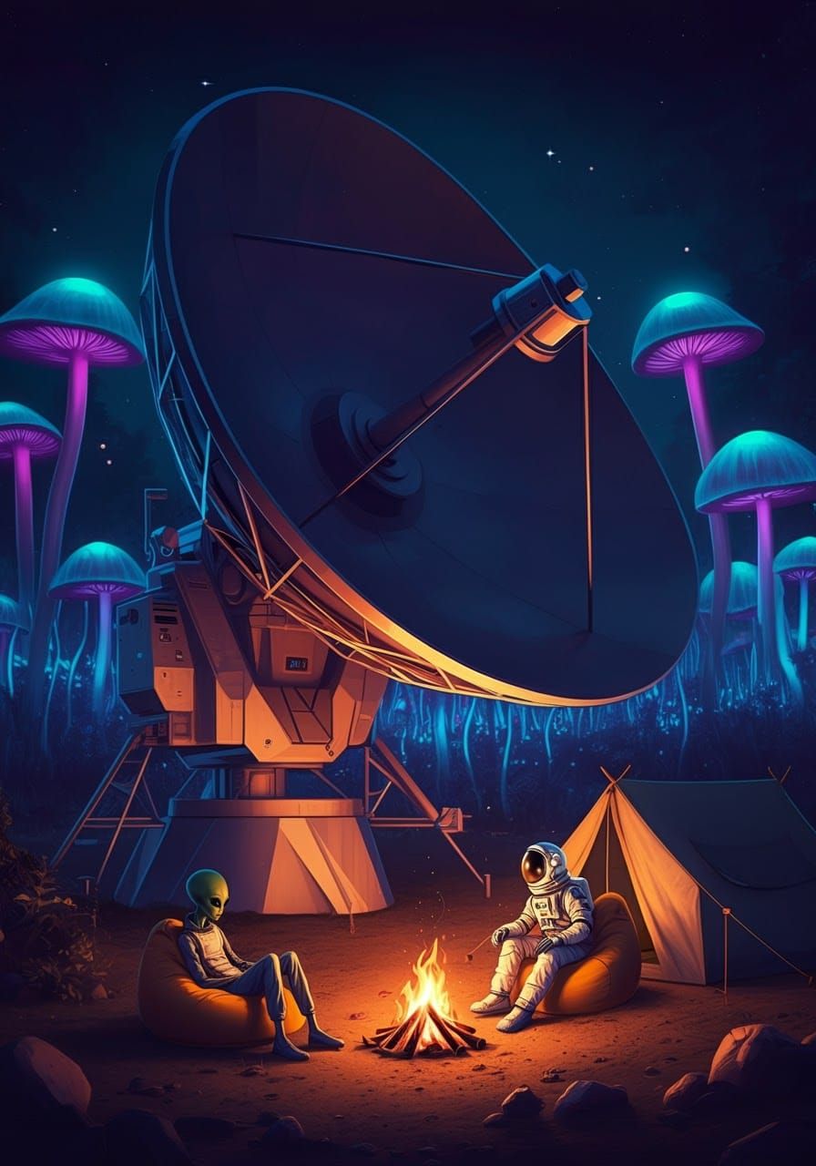 Astronaut and Alien Relaxing in Neon Wilderness