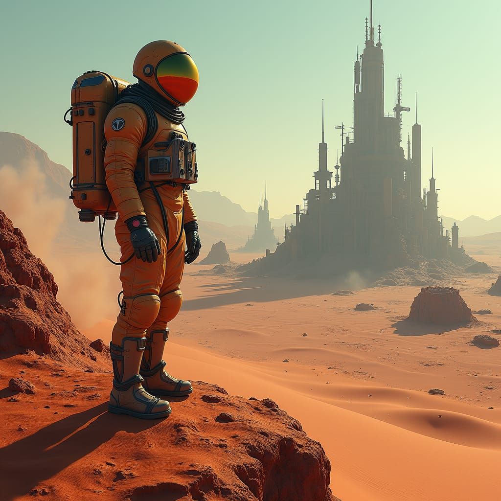 Martian Astronaut Overlooking a Sci-Fi Metropolis