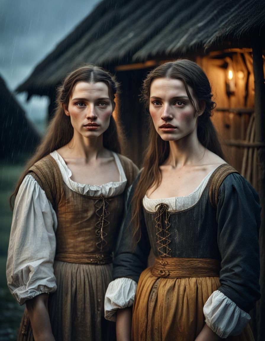 Hyperreal photograph of two young and beautiful peasant women, 17th century, 1600s.  They are in front of a peasant hut....