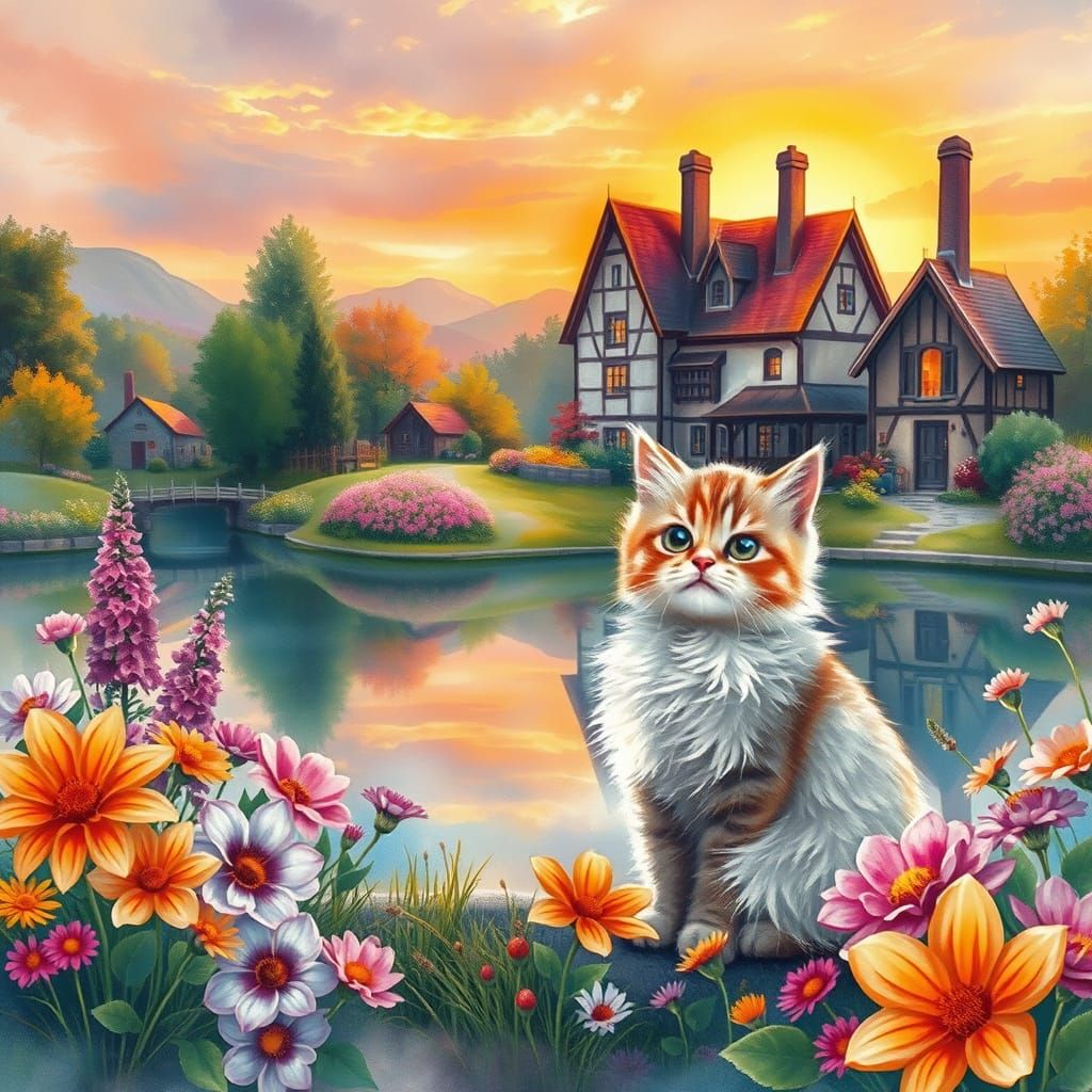 Surreal Village Whimsy with Fluffy Cat and Vibrant Blooms in...