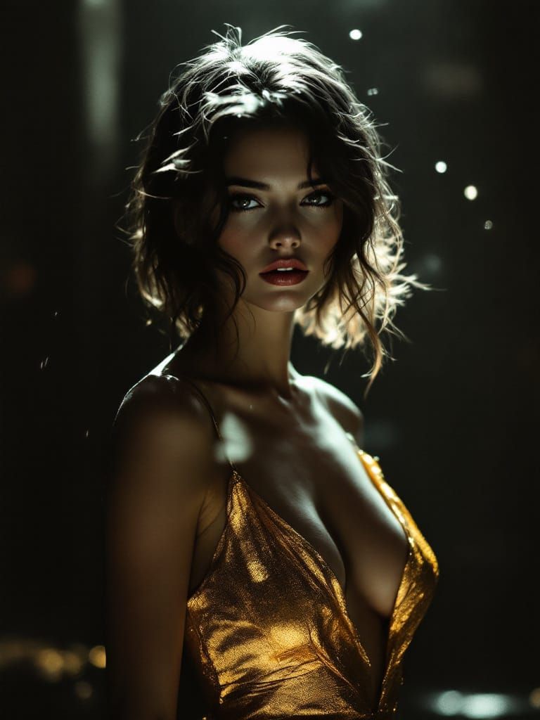 Pin-Up Woman in Gold Dress, Noir Style