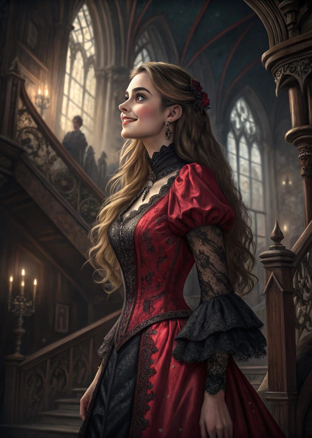 Victorian Woman in Gothic Mansion, Oil on Canvas