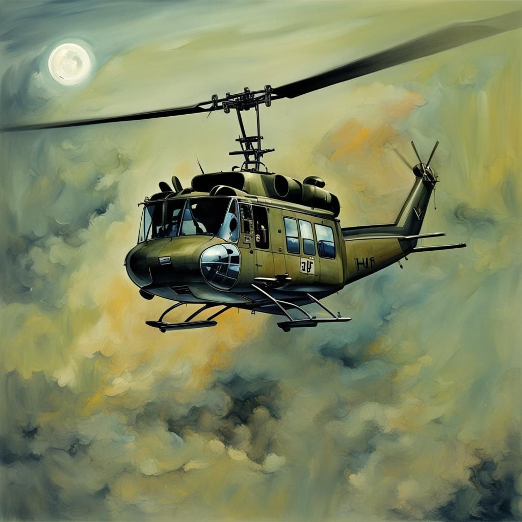 Huey Helicopter Night Flight Color Painting