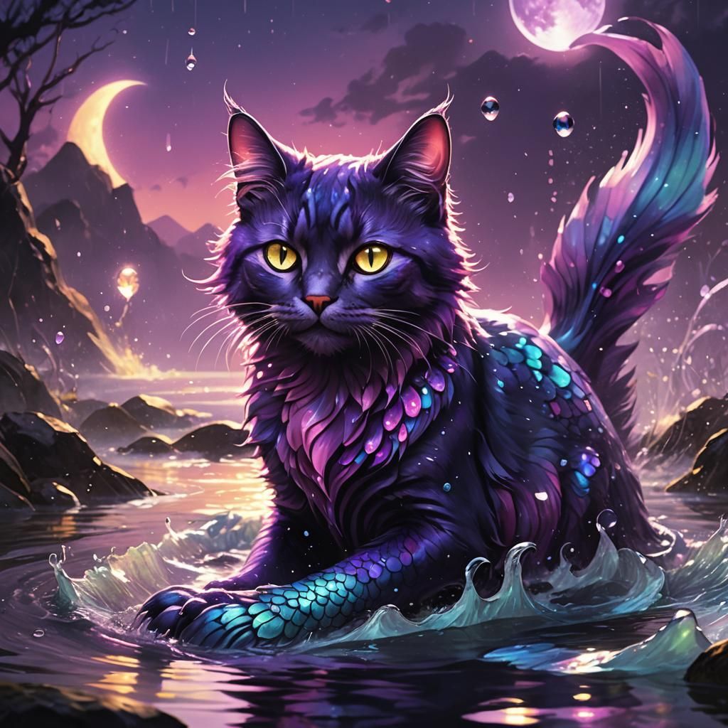 Majestic Mermaid Cat in Dark Fantasy Style