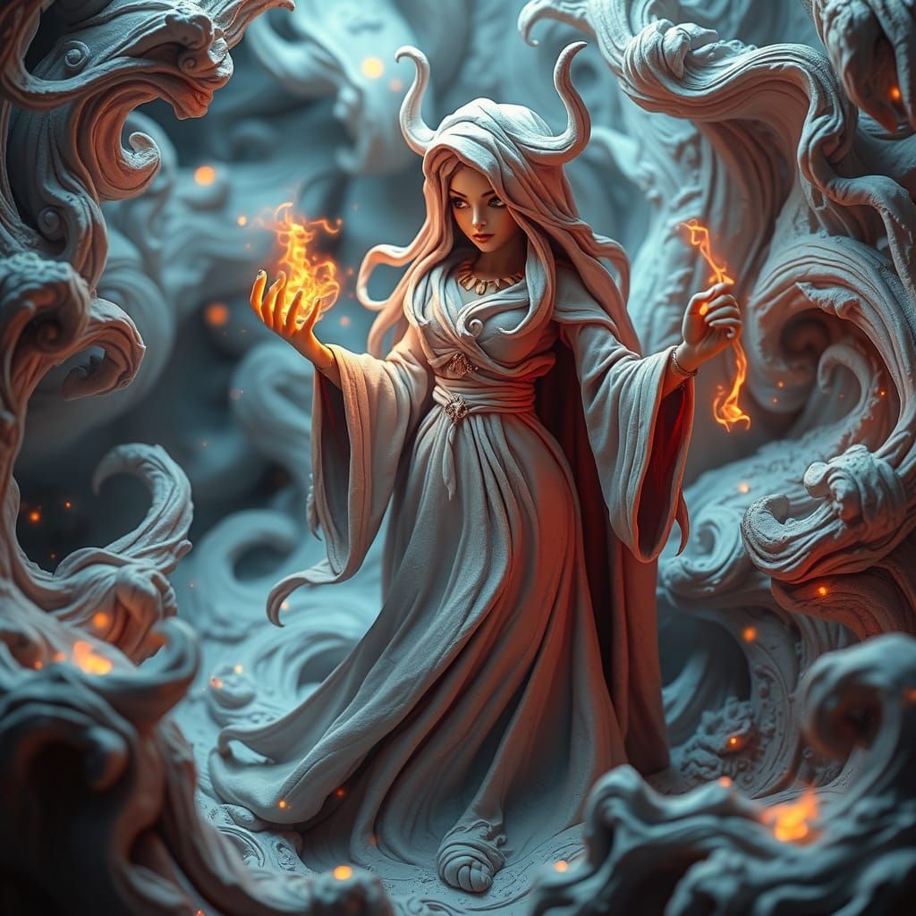 Mystical Clay Sorceress in a Swirling Storm