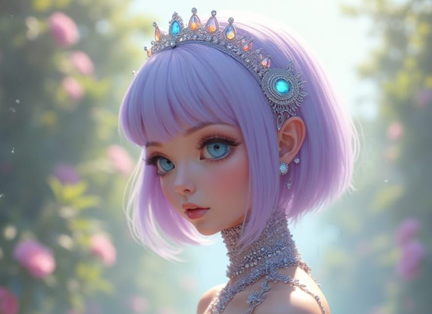 Cyborg Woman in Futuristic Garden, Dreamlike Art