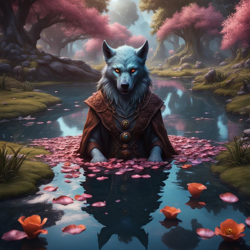 Werewolf Druid in Petal Pond: Detailed Matte Painting