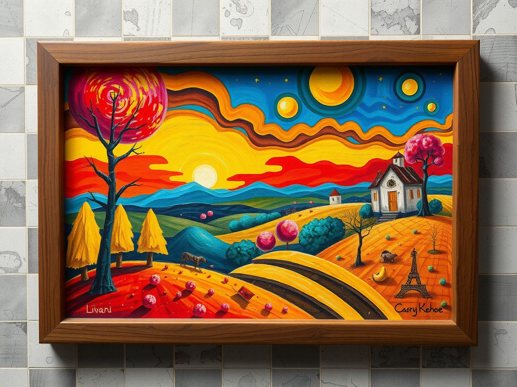 Surreal Landscape with Distorted Forms in Folk-Art Style