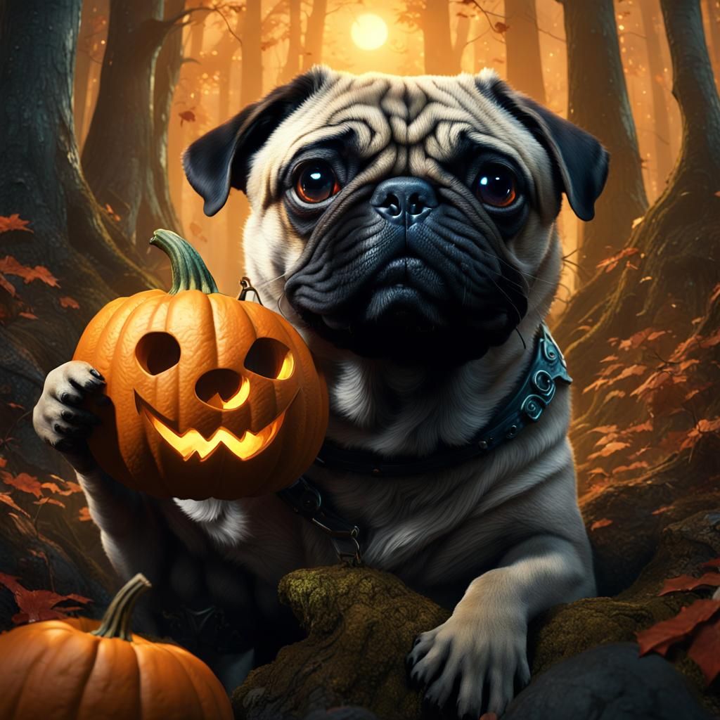 Pug and Pumpkin in Mystical Forest